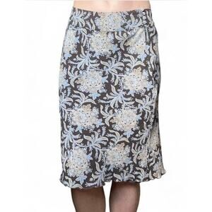 Ann Taylor Brown Blue Floral Silk Shell Womens Midi Skirt Size 2